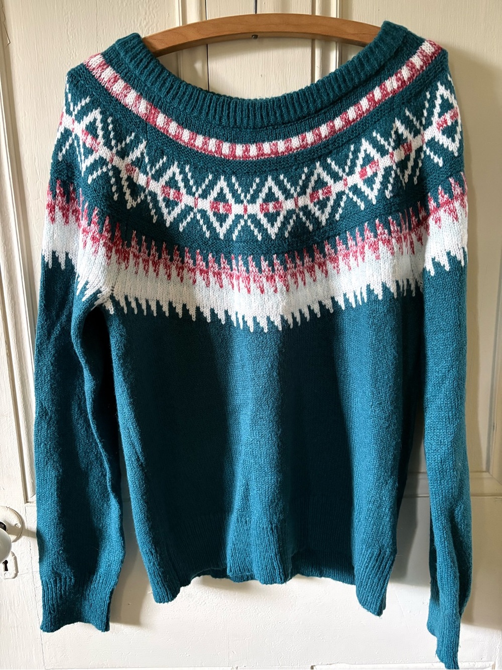 Maurices Teal Fair Isle Crewneck Sweater with White & Pink Accents